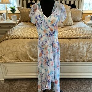 CALVIN KLEIN Dress Flowing Floral Design Blue Green Peach Size 6